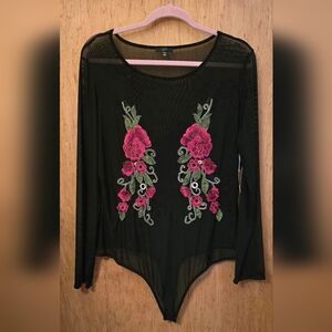 Iris Women's 3XL Juniors Long Sleeve Black Mesh Bodysuit Red Rose Embroidery